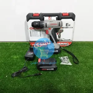 Visseuse Perceuse Sans fil 14,4v 1.5ah 2 Batteries Crown CT21055LM-1.5 BMC avec Logo Crown Original et valise sur fond vert vue de face