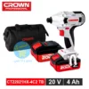 Visseuse à choc CROWN 20V CT22021HX avec batterie 4Ah - outillage professionnel pour vissage intensif vue de face avec double batterie a sac da déplacement. sur un fond blanc