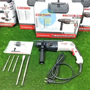 Marteau Piqueur Crown 850w (CT18032) avec jeu de forets, burins et mandrin rapide fournis.