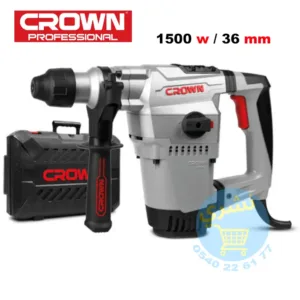Le marteau piqueur Crown 1500W CT18158 et sa mallette de transport, affichant la puissance 1500W et la capacité 36mm, essentiel pour les chantiers en Algérie.
