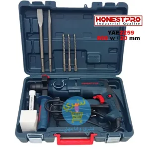 Marteau perforateur HonestPro YAE2259 800W rangé dans sa mallette avec ses accessoires : forets et burins SDS-Plus.