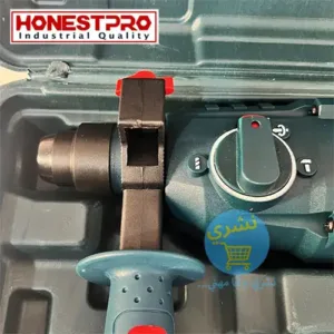 Gros plan sur le mandrin et le sélecteur de fonctions (perçage, percussion, burinage) du marteau perforateur HonestPro.