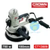 Ponceuse Orbital Murale Aspirante 750w 180mm Crown CT13609 avec référence et caractéristique ainsi que le logo officielle du fabricant Crown et le logo du site Ecommerce distributeur de produit, Necheri (نشري) sur un Fond Blanc