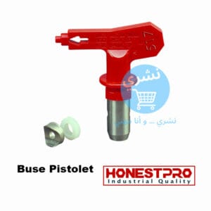 Buse pistolet de peinture airless Honestpro en acier inoxydable avec embout amovible, posée sur un plan de travail avec pistolet à peinture et pot de peinture