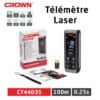 Télémètre laser Crown CT44035 en action, mesurant une longue distance sur chantier avec son faisceau rouge visible