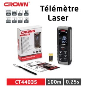 Télémètre laser Crown CT44035 en action, mesurant une longue distance sur chantier avec son faisceau rouge visible
