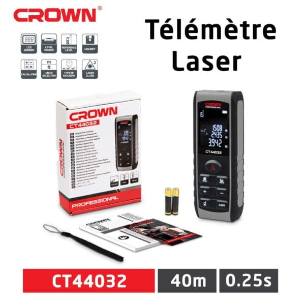 Télémètre laser Crown CT44032 mesurant une pièce avec son faisceau rouge visible