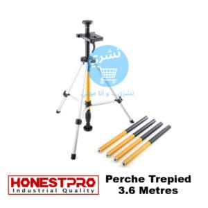 Perche trépied Honestpro 3.6m déployée avec niveau laser fixé, en usage sur chantier
