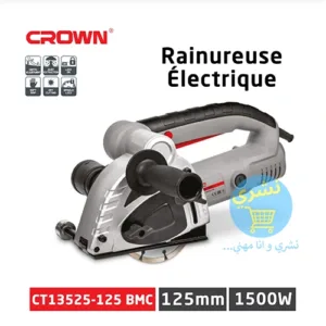 La Meuleuse Double Disque Crown CT13525 (125mm) offre une puissance de 1500w 125mm CT13525 avec Caractéristiques et logo de marque Crown Rouge Originale Sur un Fond Blanc