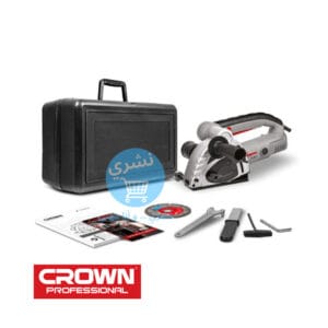 Meuleuse double disque Crown 1500W en action sur une tôle métallique, système d'aspiration visible