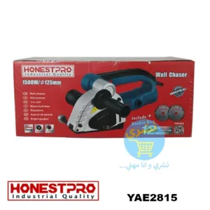 Emballage de la rainureuse murale Honestpro 1500W YAE2815 montrant les spécifications principales (1500W/125mm) et le contenu (double disque).