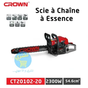 Scie à Chaîne à Essence Crown CT20102-20 affichant ses spécifications techniques : 2300 Watts et moteur 54.6 cm³.