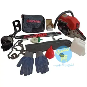 Contenu de la boîte de la Tronçonneuse Crown CT20102-20 : guide, chaîne, outils, gants de protection, sac de transport et accessoires de montage.