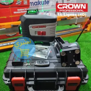 Niveau Laser Crown 16 Lignes 4D avec son support magnétique et sa télécommande, posé sur la mallette.