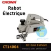 Rabot électrique 650w Crown Ct14004 avec Caractéristique et log Crown D'origine sur un fond Blanc