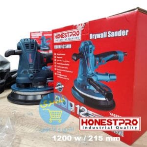 ponceuse orbitale rotatif HonestPro bleue de 1200W et 215mm de diamètre, avec éclairage LED intégré, présentée dans son emballage rouge "Drywall Sander" et logo "Industrial Quality".