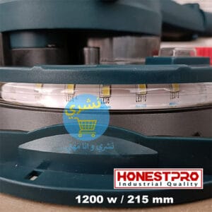 Gros plan sur l'anneau d'éclairage LED intégré autour du plateau de ponçage d'une ponceuse murale HonestPro yae2803 bleue de 1200W et 215mm de diamètre.