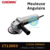 Meuleuse 115 mm CROWN CT13003 en action - vue du corps de l'outil.