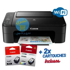 Imprimante Canon Pixma TS3340 noire, vue complète avec cartouches 445/446 incluses.