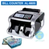 Vue principale de la Compteuse de Billets Bill Counter AL-6600 avec une liasse d'argent et référence produit sur un fond Blanc
