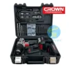 Visseuse Perceuse à Percussion 20 V avec 29 Accessoires crown ct21102h en valise Grande ouverte avec tout les composant avec logo necheri et logo Crown originaux sur un fon Blanc