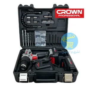 Visseuse Perceuse à Percussion 20 V avec 29 Accessoires crown ct21102h en valise Grande ouverte avec tout les composant avec logo necheri et logo Crown originaux sur un fon Blanc