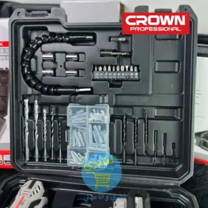 vue sur les 29 accessoires de la Visseuse Perceuse à Percussion 20 V avec 29 Accessoires crown ct21102h avec logo necheri et logo Crown originaux sur un fon Blanc