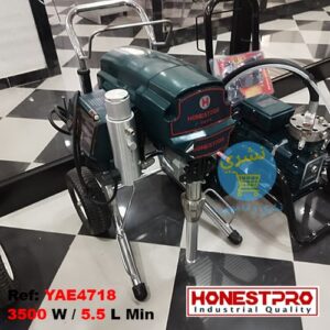 Pompe Airless Enduit et Peinture 3500 W 5.5 L Honestpro YAE4718 coté Gauche avec référence et caractéristique ainsi que le logo officielle du fabricant Honestpro et le logo du site Ecommerce distributeur de produit, Necheri (نشري)