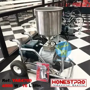 Pompe Airless Enduit et Peinture 4500 W 16 L Honestpro YAE4709 coté Gauche avec référence et caractéristique ainsi que le logo officielle du fabricant Honestpro et le logo du site Ecommerce distributeur de produit, Necheri (نشري)