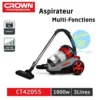 Aspirateur Professionnel Sans Sac 3L 1800 W CROWN CT42055 avec caractéristiques sur un Fond Blanc