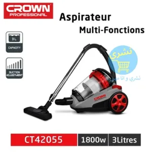 Aspirateur Professionnel Sans Sac 3L 1800 W CROWN CT42055 avec caractéristiques sur un Fond Blanc