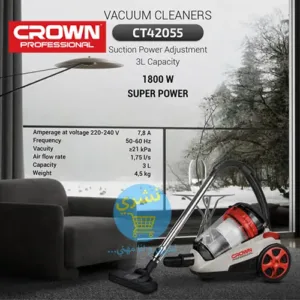 Aspirateur Professionnel Sans Sac 3L 1800 W CROWN CT42055 avec logo crown et necheri dans un salon avec moquette grise et caractéristique en fond d'image