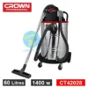 Vue de face d' Aspirateur Professionnel Sec Et Humide 60L-1400W Crown CT42028 avec ses accessoires avec logo Crown et necheri sur un fond Blanc