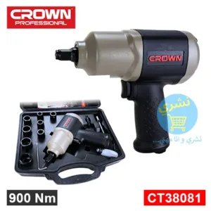 présentation de Clé à Choc Pneumatique 900Nm 1/2″ Crown CT38081 BMC avec valise Ouverte sur le produit et accessoires avec référence et caractéristique ainsi que le logo officielle du fabricant Crown et le logo du site Ecommerce distributeur de produit, Necheri (نشري) sur un Fond Blanc