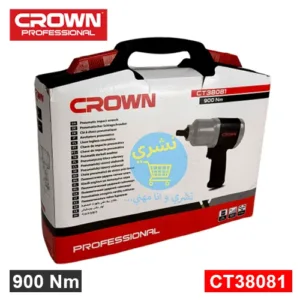 présentation de Clé à Choc Pneumatique 900Nm 1/2″ Crown CT38081 BMC en valise sous emballage blanc et rouge avec référence et caractéristique ainsi que le logo officielle du fabricant Crown et le logo du site Ecommerce distributeur de produit, Necheri (نشري) sur un Fond Blanc