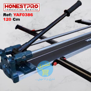 vue globale sur la Coupe Carreaux et faïence 120 Cm Honestpro YAF0386 avec logo honestpro et référence machine et longueur de coupe qui est de 120 cm et le logo du site Necheri ( نشري ) sur un fond gris marbrer