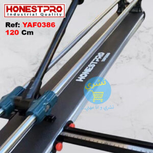 vue sur Rail la Coupe Carreaux et faïence 120 Cm Honestpro YAF0386 avec logo honestpro et référence machine et longueur de coupe qui est de 120 cm et le logo du site Necheri ( نشري ) sur un fond gris marbrer