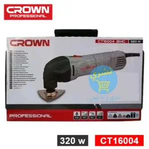 présentation du Découpeur Ponceur Multifonction 320w Crown CT16004 dans son emballages d'origine en blanc et rouge avec référence et caractéristique ainsi que le logo officielle du fabricant Crown et le logo du site Ecommerce distributeur de produit, Necheri (نشري) sur un Fond Blanc