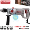 présentation de la Perceuse à Percussion 16 mm 1050w Crown CT10032 avec référence et caractéristique ainsi que le logo officielle du fabricant Crown et le logo du site Ecommerce distributeur de produit, Necheri (نشري) sur un Fond Blanc