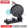 Tronçonneuse a Table pour Acier 355mm 2200w Crown ct15205n Grande ouverte avec caractéristique et le Logo officiel de Crown et le logo de necheri tout ca sur un fond blanc